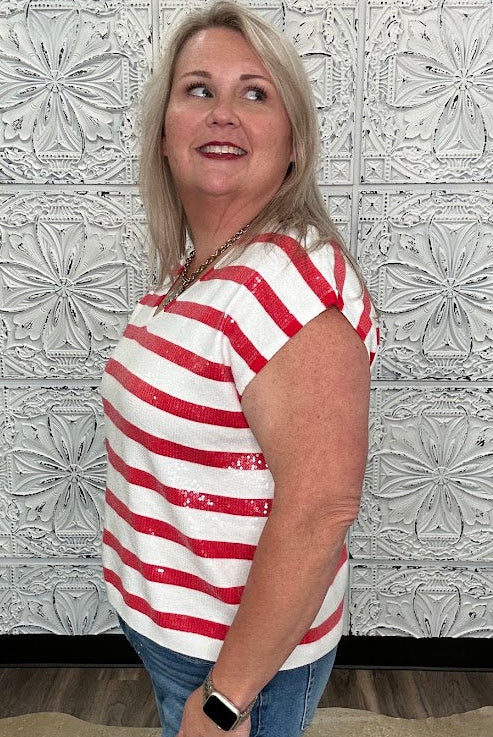 Red & White Sequin Stripe V-Neck Sweater Vest