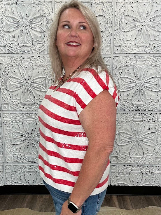Red & White Sequin Stripe V-Neck Sweater Vest