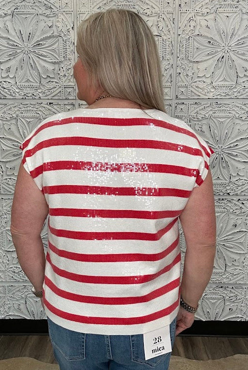 Red & White Sequin Stripe V-Neck Sweater Vest