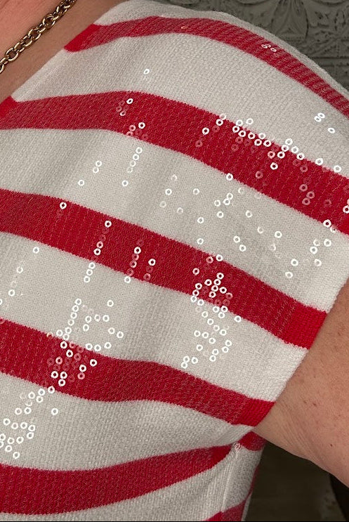 Red & White Sequin Stripe V-Neck Sweater Vest