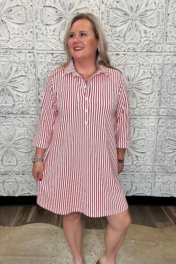Red & White Striped Half-Button Shirt Dress