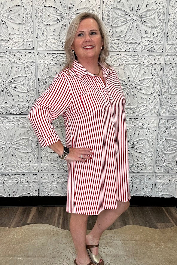 Red & White Striped Half-Button Shirt Dress