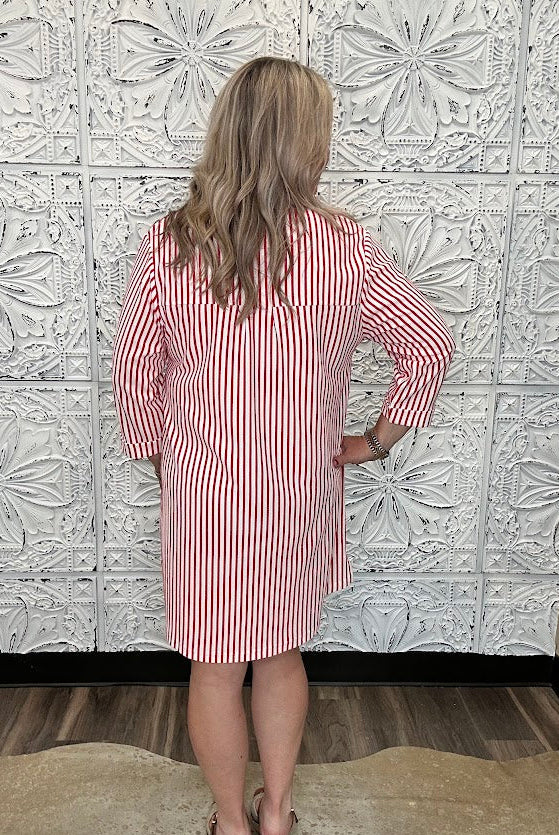 Red & White Striped Half-Button Shirt Dress