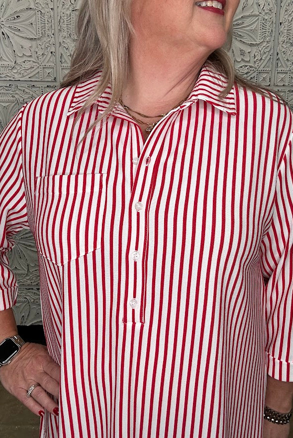 Red & White Striped Half-Button Shirt Dress