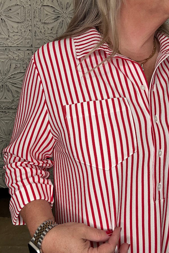 Red & White Striped Half-Button Shirt Dress