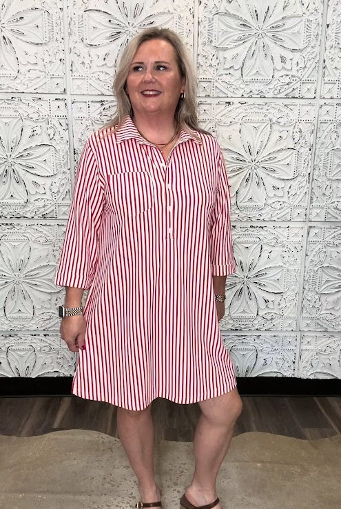 Red & White Striped Half-Button Shirt Dress