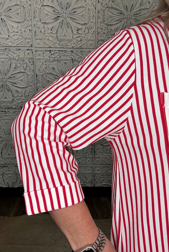 Red & White Striped Half-Button Shirt Dress