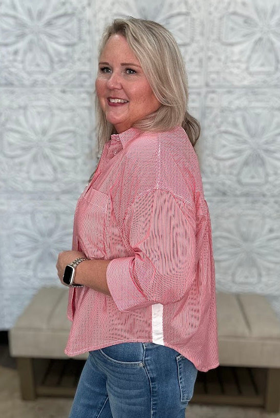 Red and White Stripe Button Down Top