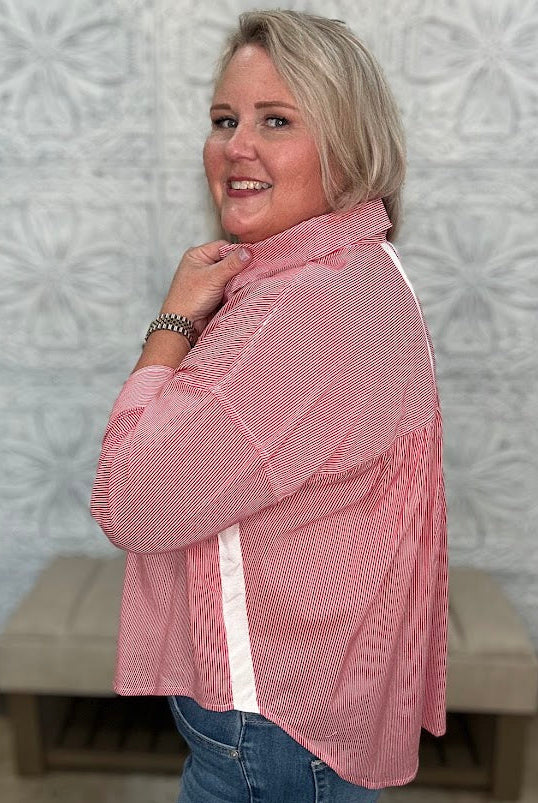 Red and White Stripe Button Down Top