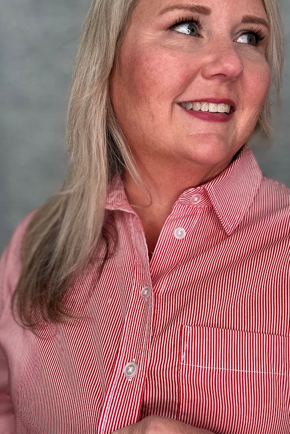Red and White Stripe Button Down Top