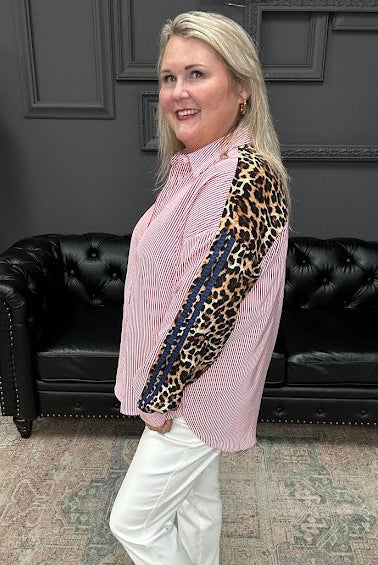 leopard trim top, striped button down blouse, oversized statement top, mixed print blouse, women’s boutique tops, bold contrast blouse