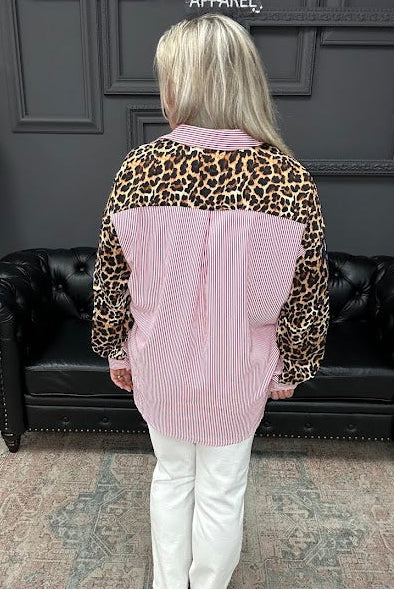 leopard trim top, striped button down blouse, oversized statement top, mixed print blouse, women’s boutique tops, bold contrast blouse