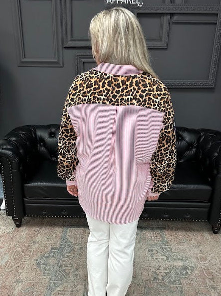 leopard trim top, striped button down blouse, oversized statement top, mixed print blouse, women’s boutique tops, bold contrast blouse