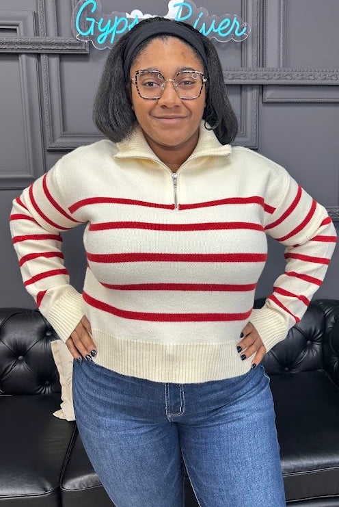 striped sweater, half zip pullover, red and cream sweater, cozy knit sweater, boutique sweater, fall sweater, winter pullover, ribbed hem sweater, casual striped knit, soft half zip