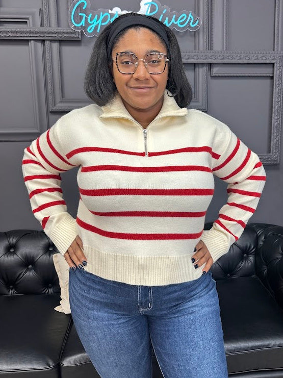 striped sweater, half zip pullover, red and cream sweater, cozy knit sweater, boutique sweater, fall sweater, winter pullover, ribbed hem sweater, casual striped knit, soft half zip