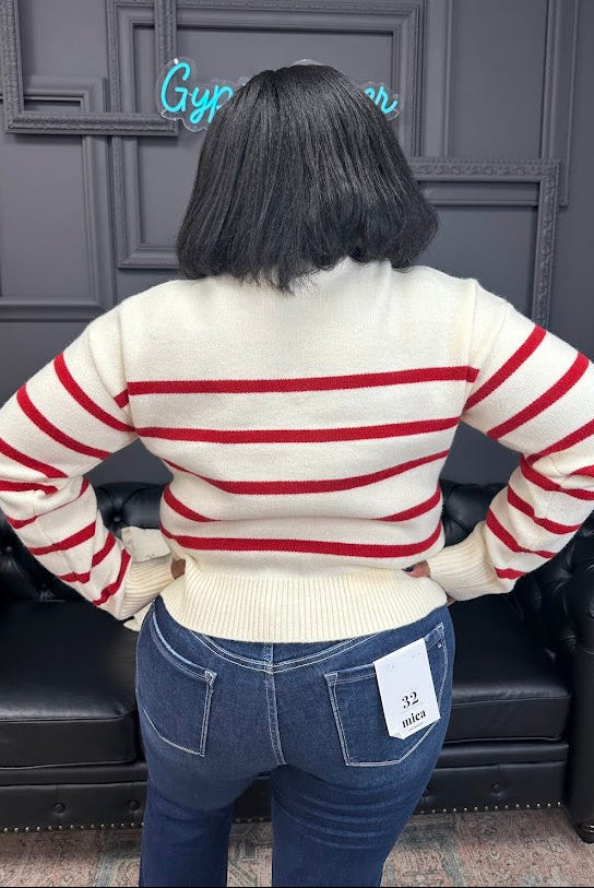 striped sweater, half zip pullover, red and cream sweater, cozy knit sweater, boutique sweater, fall sweater, winter pullover, ribbed hem sweater, casual striped knit, soft half zip