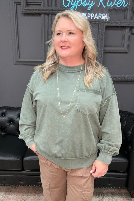 mineral wash pullover, sage green sweatshirt, french terry top, relaxed fit top, cozy casual sweater, cotton crewneck, boutique sweatshirt, weekend wear, comfy oversized pullover, soft lounge top