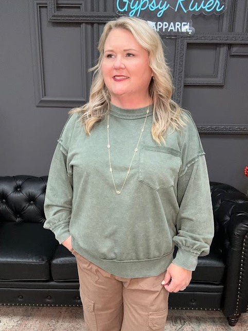 mineral wash pullover, sage green sweatshirt, french terry top, relaxed fit top, cozy casual sweater, cotton crewneck, boutique sweatshirt, weekend wear, comfy oversized pullover, soft lounge top