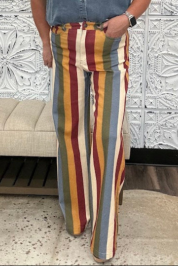 Retro Multi-Color Striped High-Rise Wide Leg Jeans