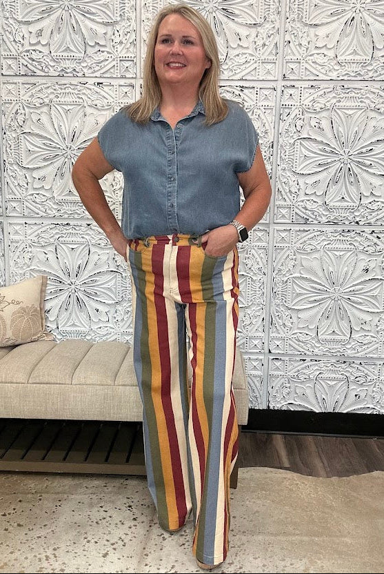Retro Multi-Color Striped High-Rise Wide Leg Jeans