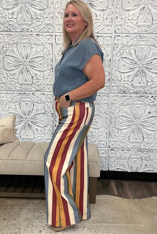 Retro Multi-Color Striped High-Rise Wide Leg Jeans