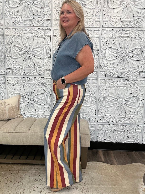 Retro Multi-Color Striped High-Rise Wide Leg Jeans