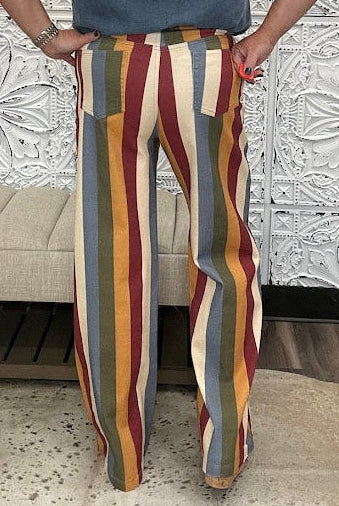 Retro Multi-Color Striped High-Rise Wide Leg Jeans