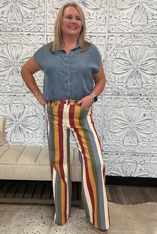 Retro Multi-Color Striped High-Rise Wide Leg Jeans