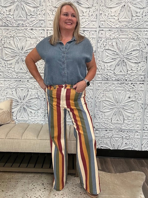 Retro Multi-Color Striped High-Rise Wide Leg Jeans