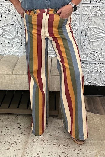 Retro Multi-Color Striped High-Rise Wide Leg Jeans