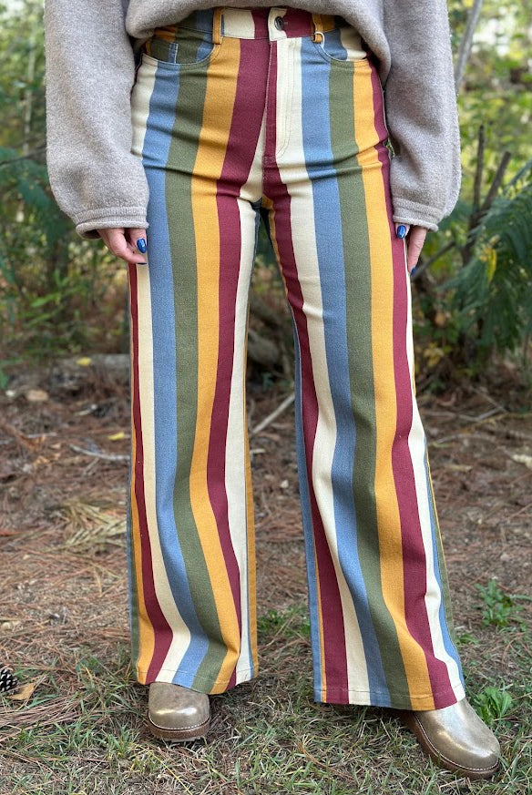 Retro Multi-Color Striped High-Rise Wide Leg Jeans