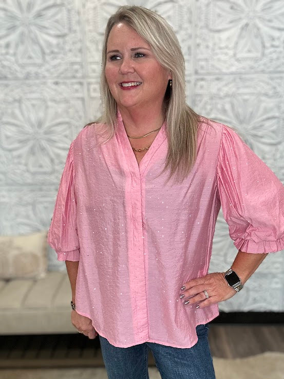 Rhinestone Embellished Balloon Sleeve Blouse