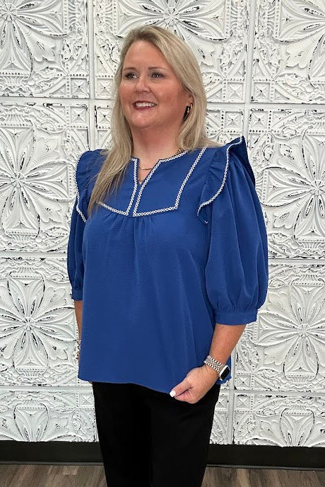 Royal Blue Embroidered Ruffle Sleeve Blouse