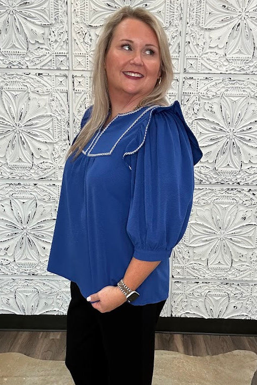 Royal Blue Embroidered Ruffle Sleeve Blouse