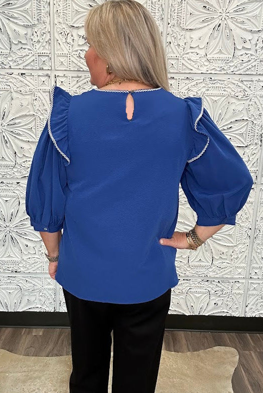 Royal Blue Embroidered Ruffle Sleeve Blouse