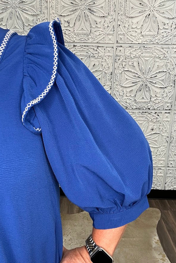 Royal Blue Embroidered Ruffle Sleeve Blouse