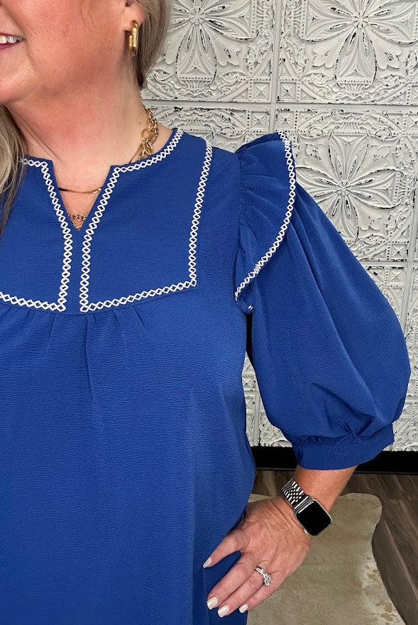 Royal Blue Embroidered Ruffle Sleeve Blouse