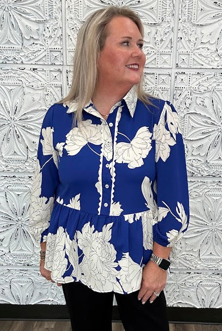 Royal Blue Floral Scallop Trim Peplum Blouse