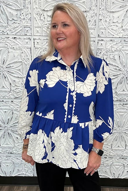 Royal Blue Floral Scallop Trim Peplum Blouse