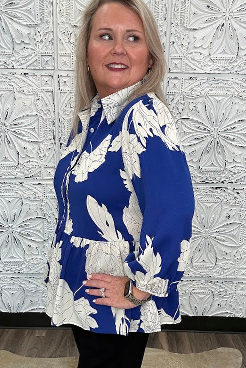 Royal Blue Floral Scallop Trim Peplum Blouse