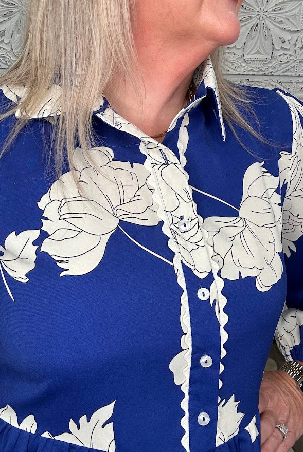 Royal Blue Floral Scallop Trim Peplum Blouse