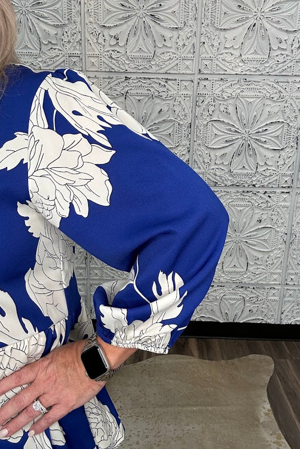 Royal Blue Floral Scallop Trim Peplum Blouse