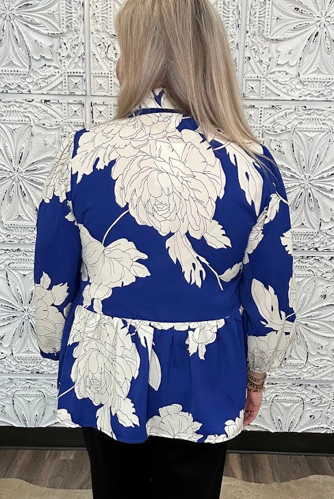 Royal Blue Floral Scallop Trim Peplum Blouse