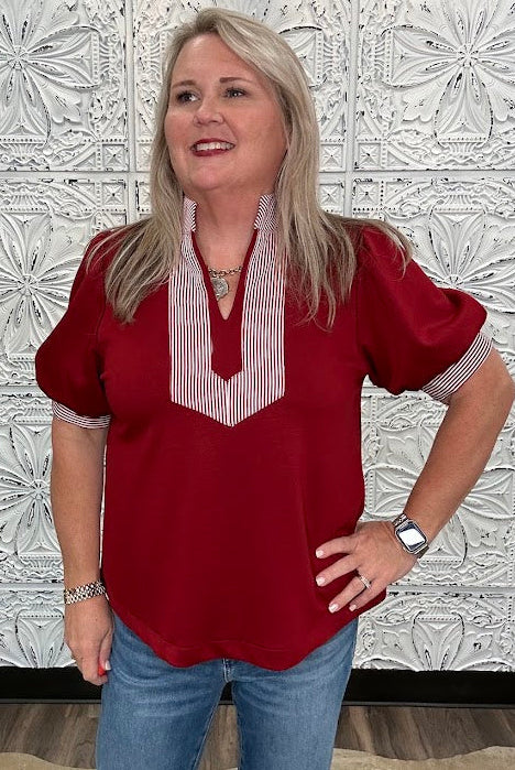 Ruby Puff Sleeve Contrast Trim Knit Top