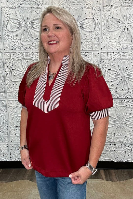 Ruby Puff Sleeve Contrast Trim Knit Top
