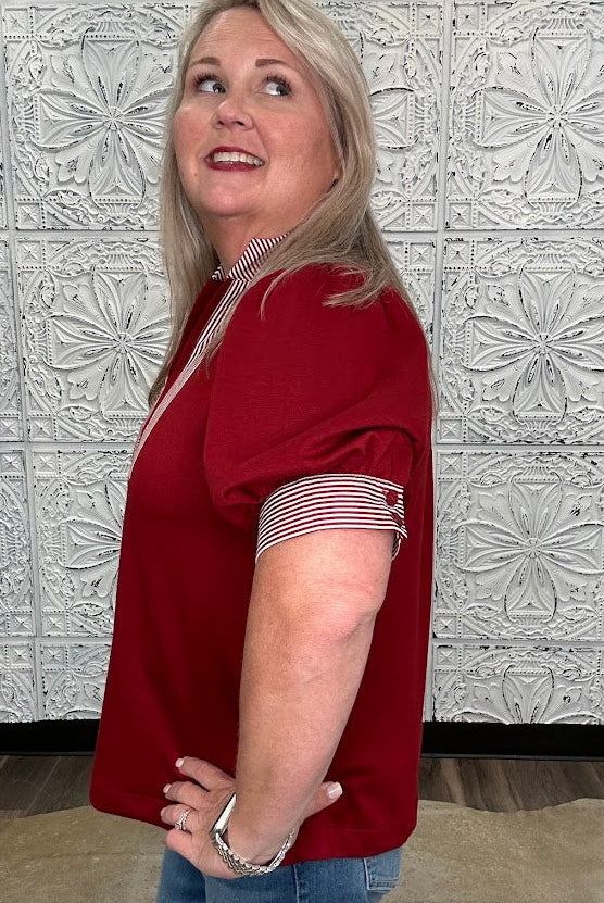 Ruby Puff Sleeve Contrast Trim Knit Top