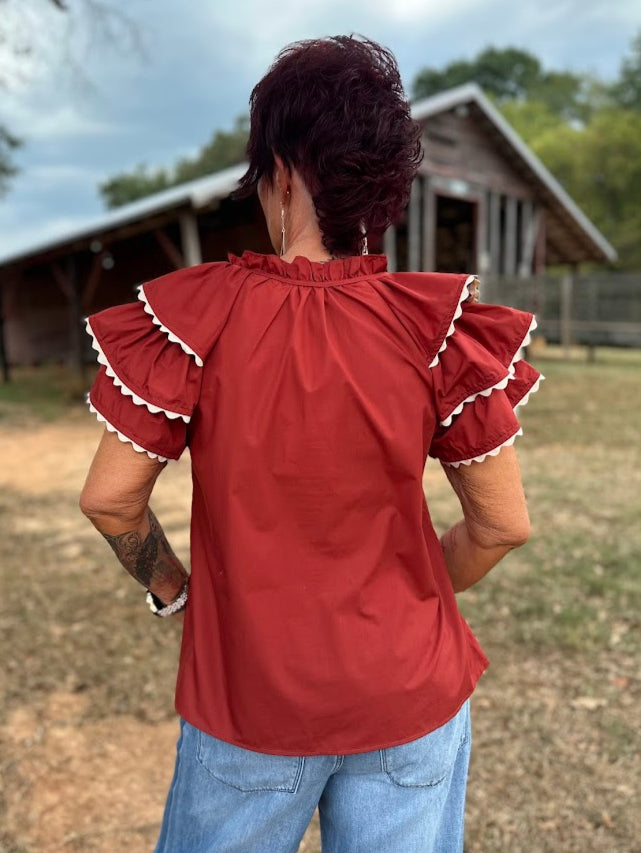 rust embroidered top, flutter sleeve blouse, scallop trim top, women’s embroidered shirt, boho western top, lightweight fall top, Gypsy River Apparel