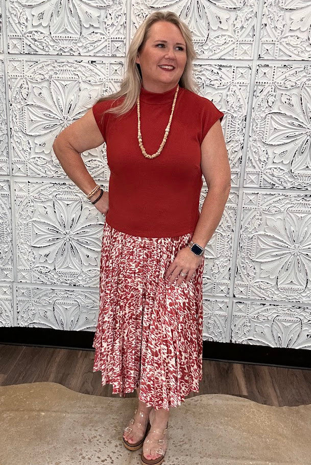 Rust Pleated Midi Dress