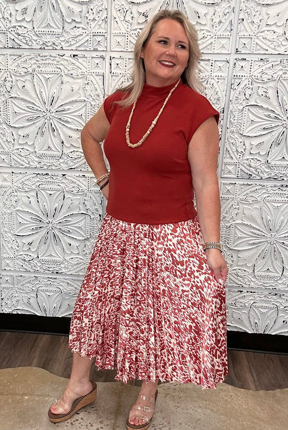Rust Pleated Midi Dress