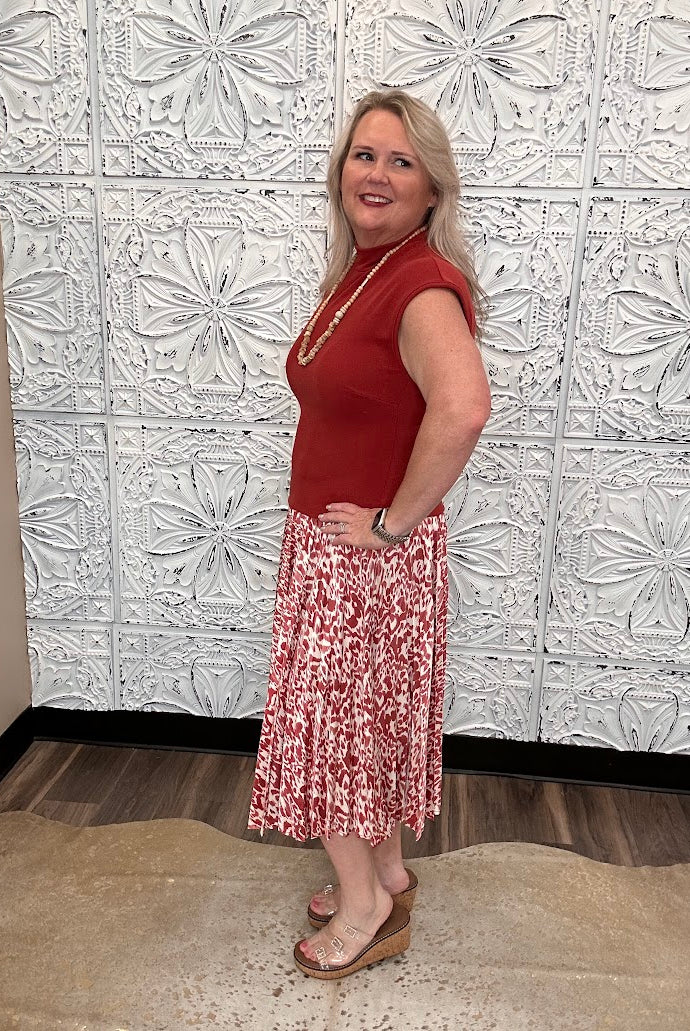 Rust Pleated Midi Dress